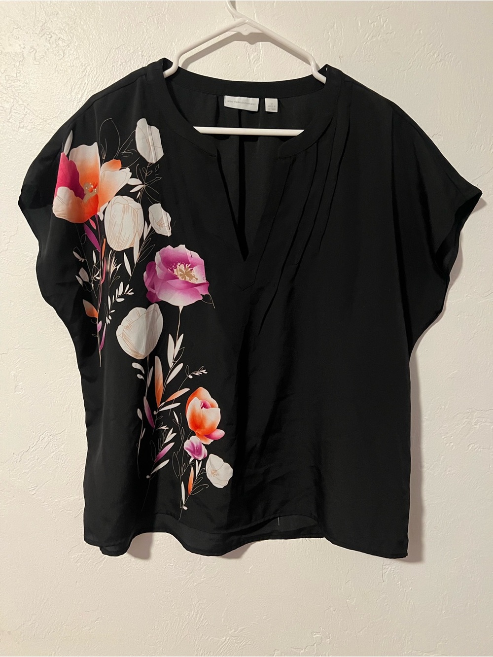 New York & Company Black Floral V-Neck Blouse with Pink & Orange Blooms